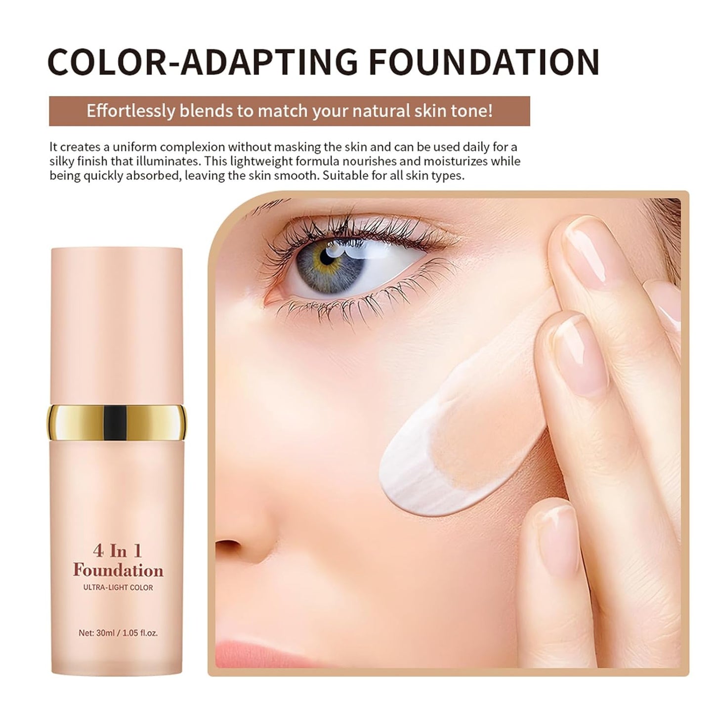 Skiennix 4-in-1 Color Changing Foundation - Auto-Adjusting Liquid with SPF 30 & Natural Matte Finish (Light)