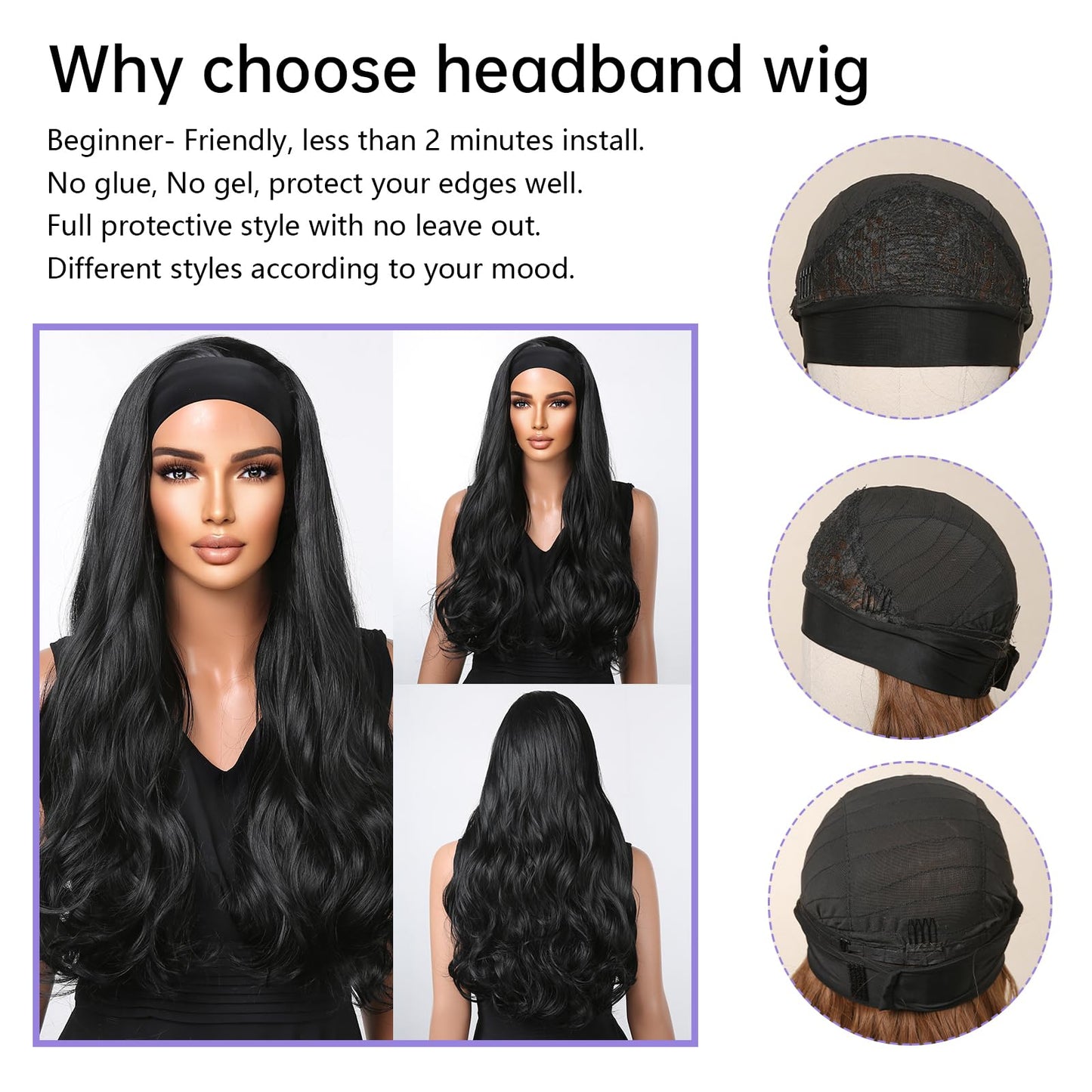 testar Headband Wig Black Wigs for Women Long Loose Body Wave Curly Wig Synthetic Hair Natural Color