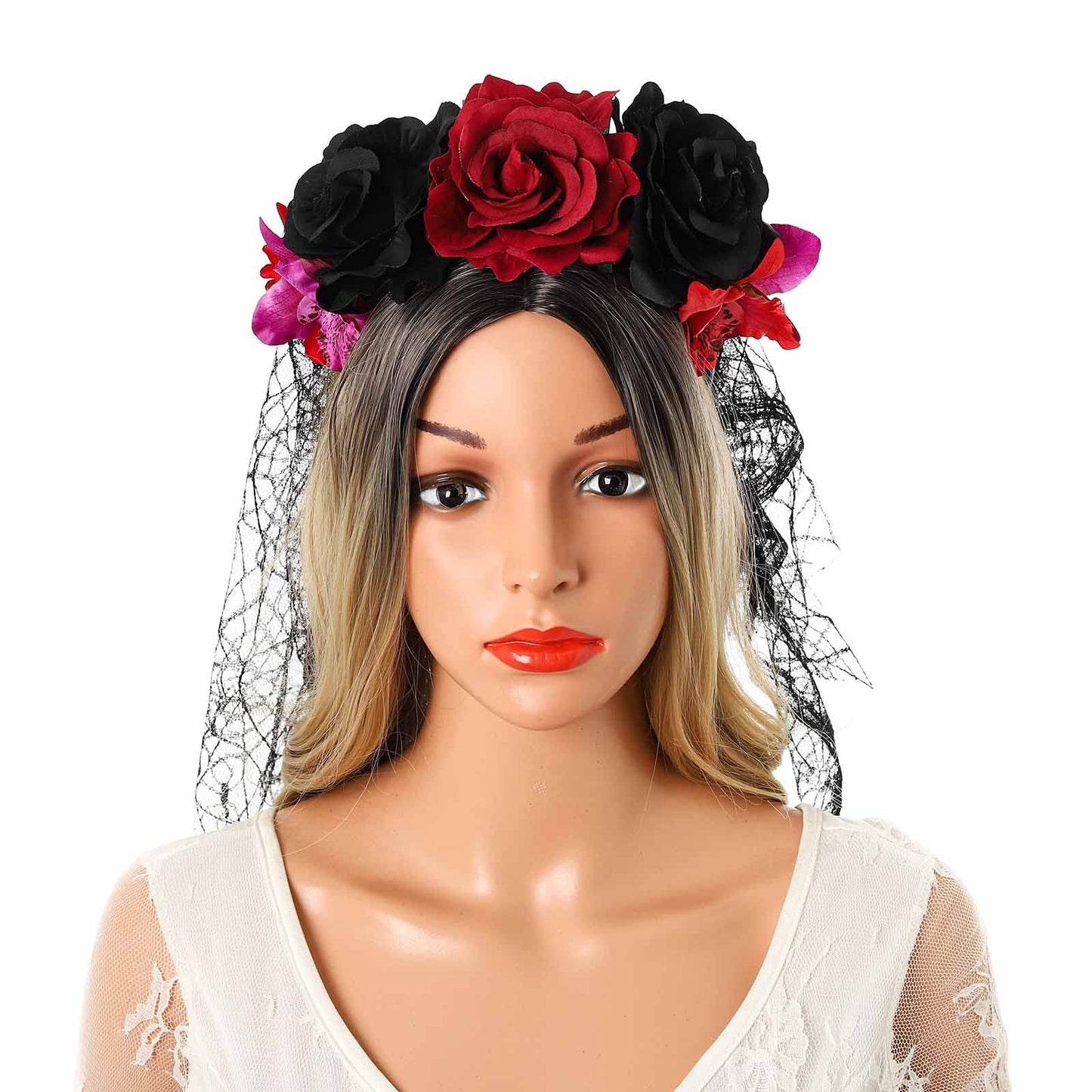 Acenail Floral Headband Veil Women Flower Crown Adjustable Head Piece Rose Flower Spider Mexican Headband Day of the Dead Head Band Cosplay Halloween Headpieces(Black Red)