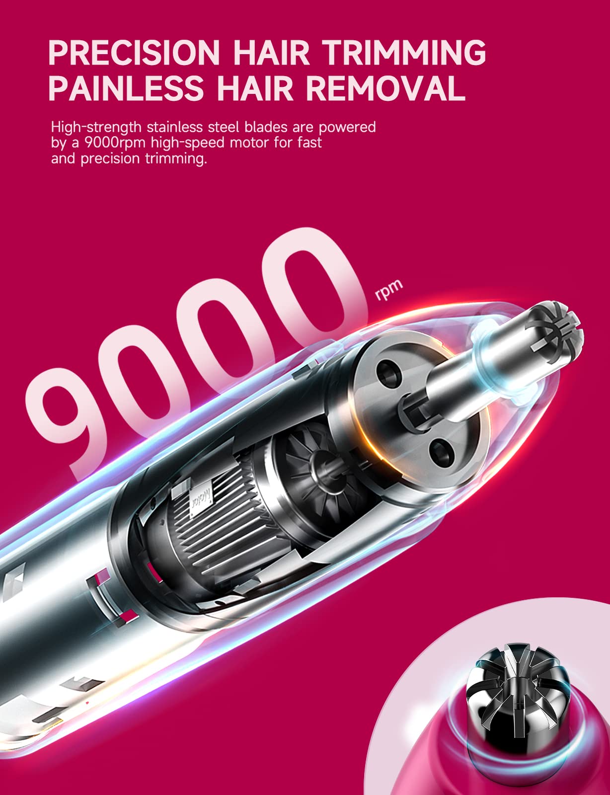 ZORAMI Rechargeable Ear and Nose Hair Trimmer - 2024 Professional Painless Eyebrow & Facial Hair Trimmer for Men Women, Powerful Motor and Dual-Edge Blades for Smoother Cutting Magenta