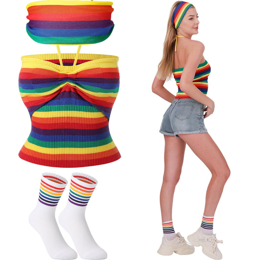 Cuffbow 4 Pcs Prides Parade Outfits, Rainbow Halter Backless Knitted Tank Top, Rainbow Hair Band and Rainbow Ankle Socks (Size M)