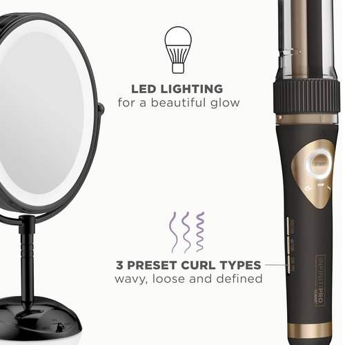 **INFINITIPRO BY CONAIR Curl Secret Automatic Curling Iron - 3/4-Inch Barrel & Lighted Makeup Mirror - Black**