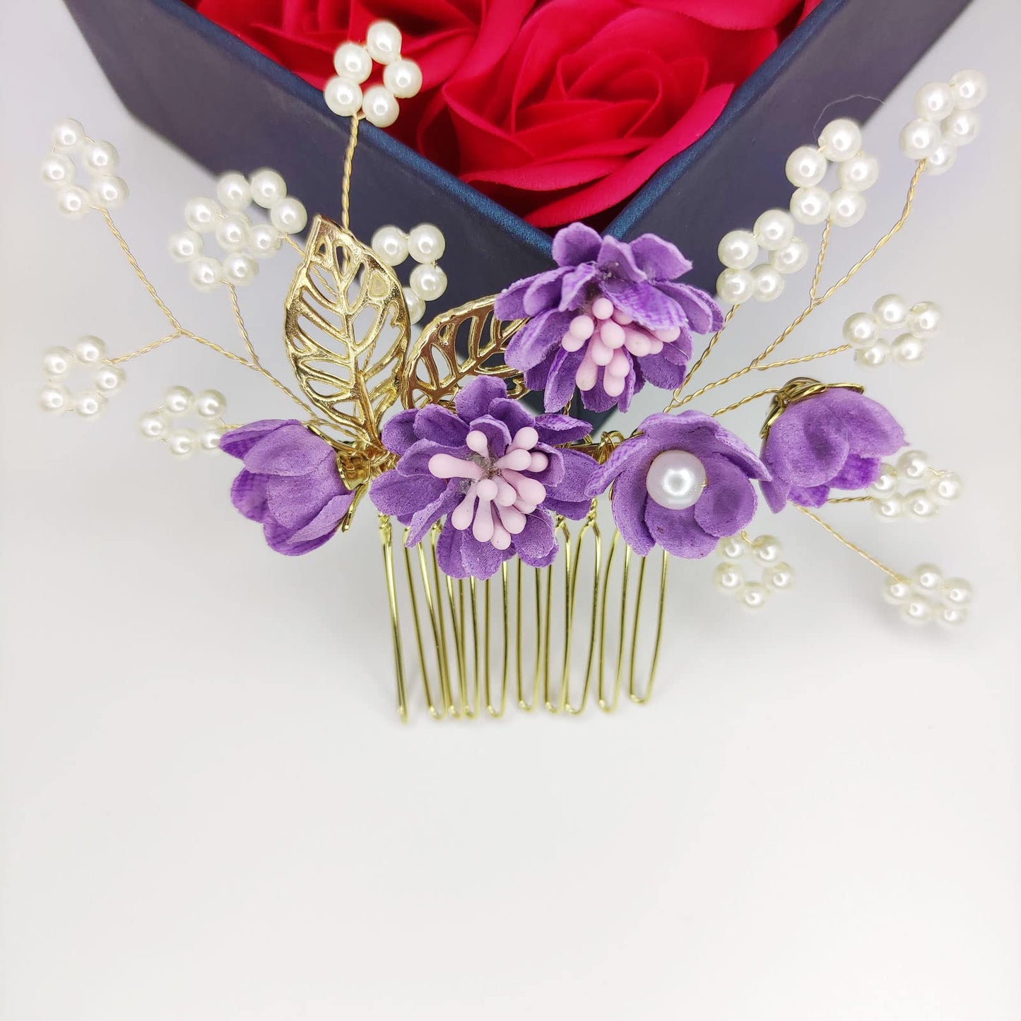 QUEOUNR Flower Wedding Hair Comb, Bridal Hair Combs Decorative Hair Accessories Purple Hair Pins Head-piece Gift for Prom Women Girls Bridesmaid,H31