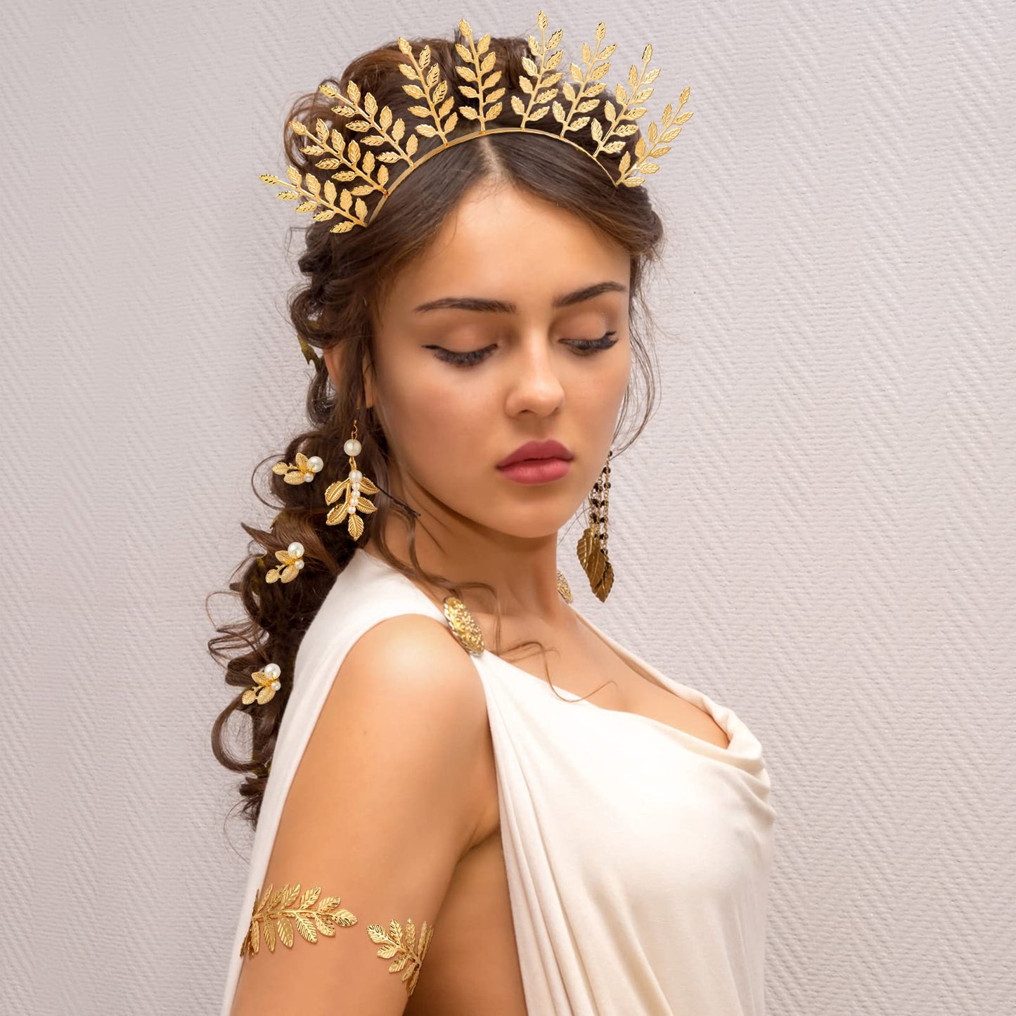 WILLBOND 15 Pieces Greek Goddess Costume Accessories Women Toga Golden Leaves Bridal Crown Headband Bracelet Pearl Earrings and Hair Pins(Elegant Style)