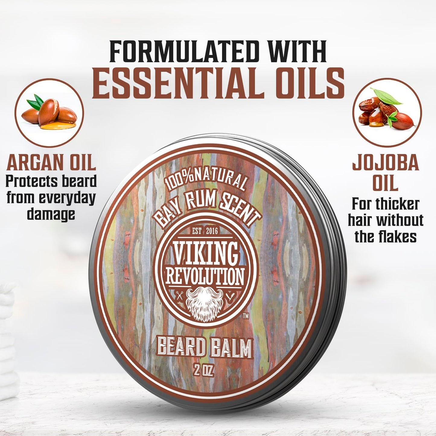Viking Revolution Bay Rum Beard Balm - Nourishing Beard Butter with Argan & Jojoba Oil | 2oz, Softens & Moisturizes