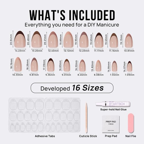BTArtbox French Tip Press On Nails, Short Almond Supremely Fit & Natural Glue On Nails with Nail Glue, Reusable Stick On Nails in 16 Sizes - 32 Soft Gel Fake Nails Kit, Morning Coffee