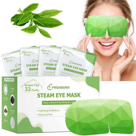 FRSHMORN Steam Eye Mask, Heated Eye Mask for Sleep, Warm Compress for Eyes, Self Heating Disposal Eye Mask Comfortable Sleep Mask for Home, Office, Spa, Travel Essentials (Green Tea, 32 Packs)