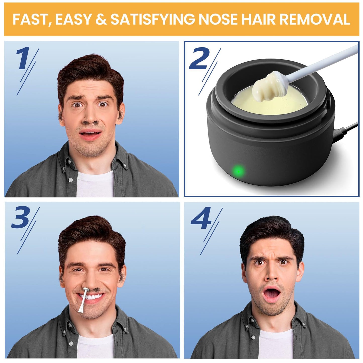 Suerbeaty Ear Nose Wax Kit Men, Ear Nose Waxing Kit, Ear Hair Removal Wax with 100 g Wax, 20 Applicators, 30 Ear Protective, 15-20 Times, Usb Rapid Heating, Constant Temperature, Painless, Black