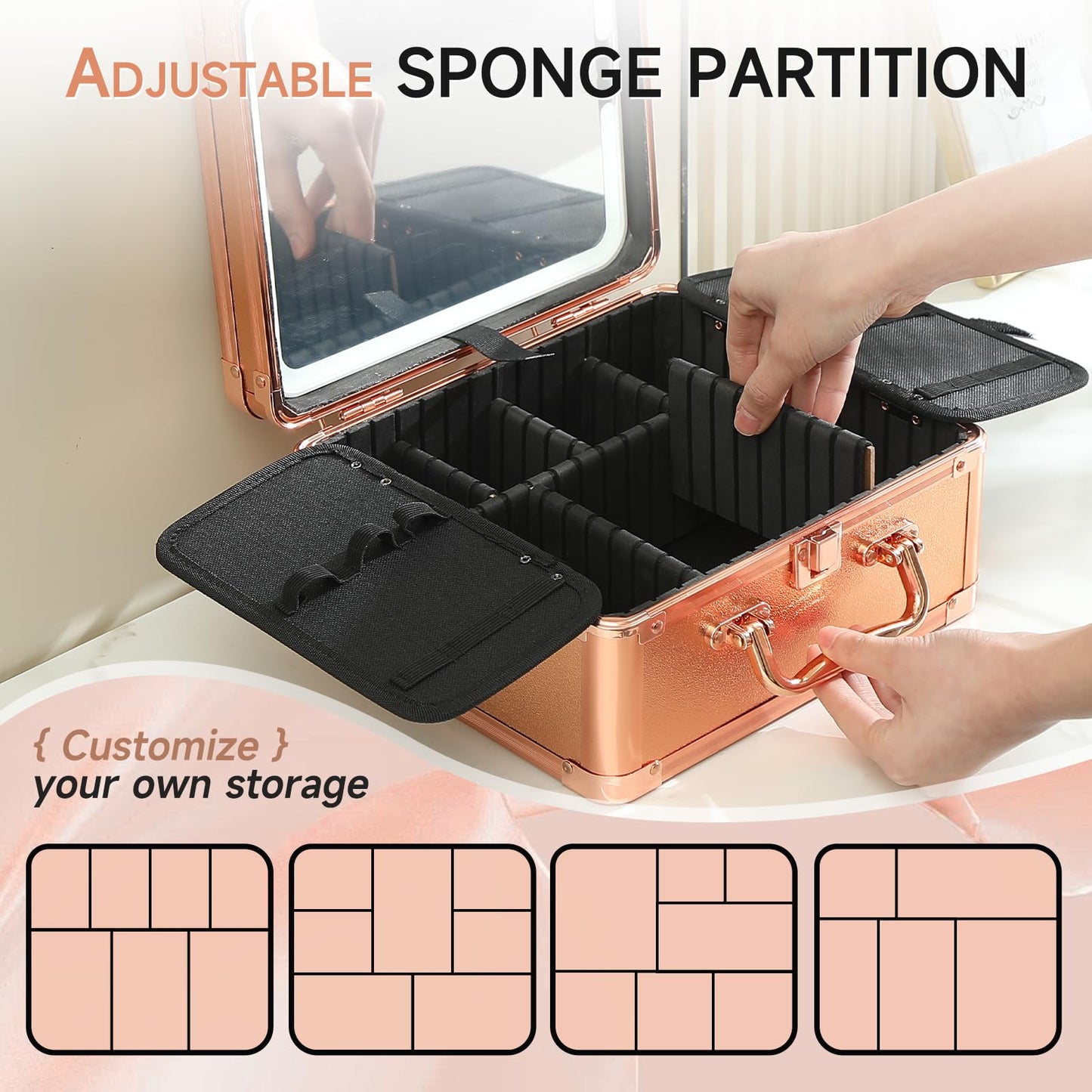 Leeora&Leekoo Makeup Box with LED Mirror & Aluminum Frame, Compact Multi-Layer Cosmetic Organizer - Portable ABS Travel Train Case for Makeup Storage(Gift for Girlfriend/Daughter) (Gold)