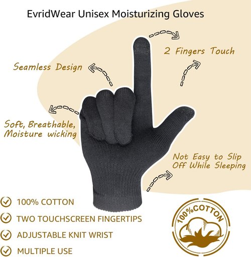Evridwear Moisturizing Cotton Gloves - Touchscreen Fingertips for Eczema Relief | 6 Pairs, Black, L/XL