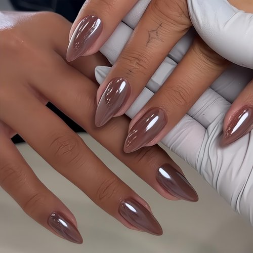 Brown Press On Nails Almond - KQueenest Chrome Press On Nails Medium, Sparkle Gel Fake Nails Press on with Mirror Effect, Glitter Glue on Nails Medium, Reusable Stick On Nails for Women Fall Winter