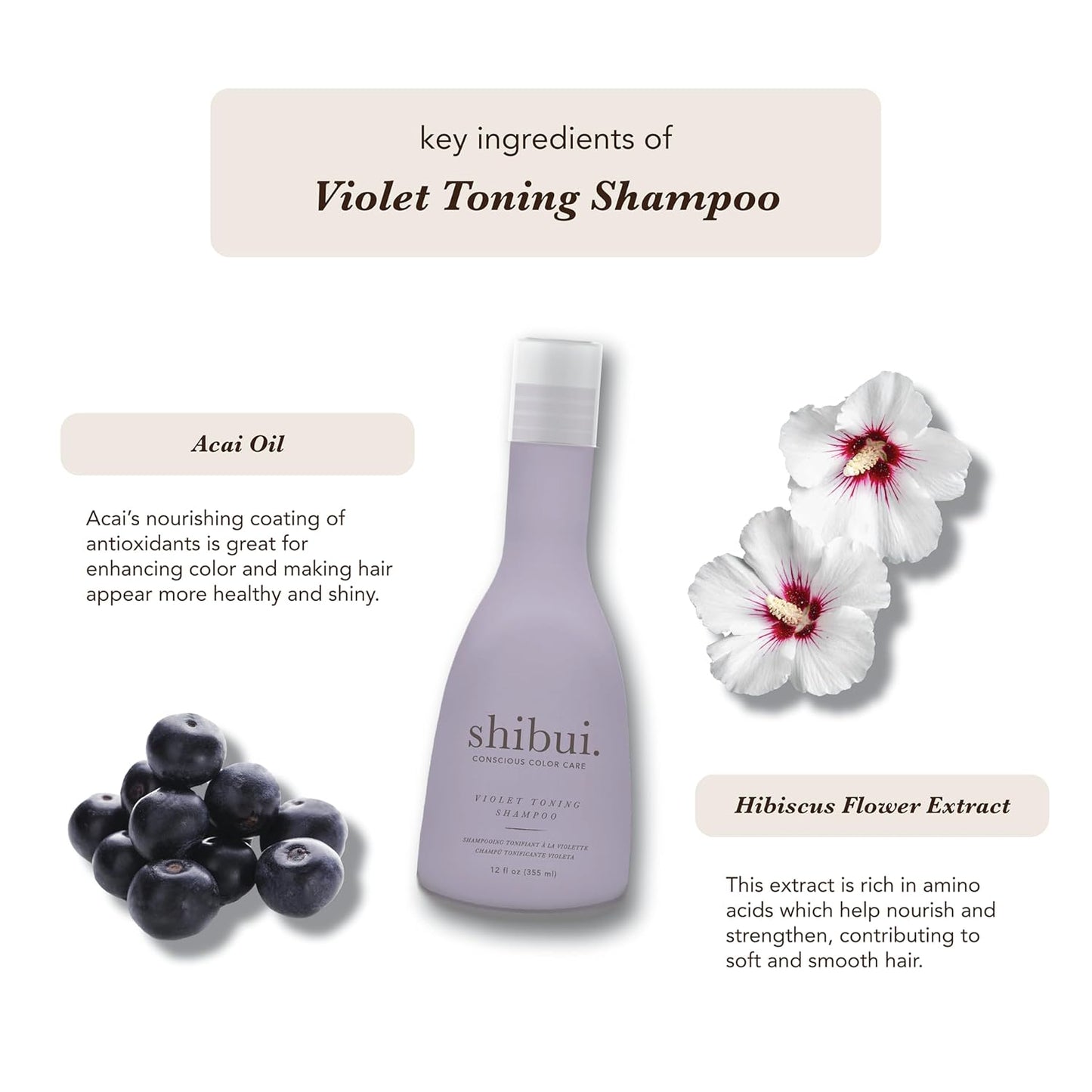 SHIBUI Violet Toning Shampoo - Neutralizes Brassiness with Acai Oil & Hibiscus | For Blonde & Silver Hair