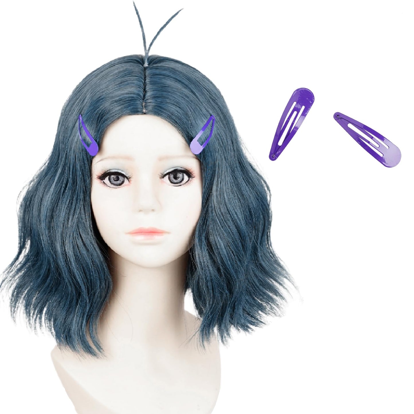 Kids Deep Blue Wavy Wig, Center Parting & 2 Purple Hair Clips - Perfect for Halloween Themed Parties Envy Cosplay