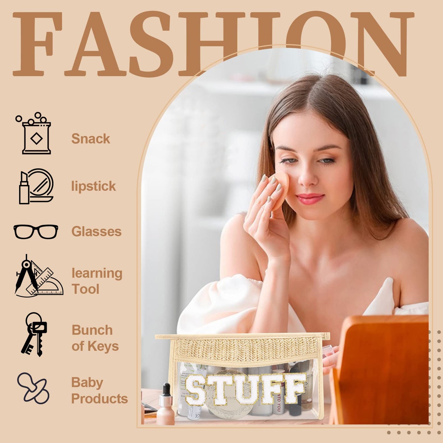 Small Boho Straw Clear Stuff Makeup Bags for Women&Girls, Zipper Cosmetic Bag Chenille Varsity Letter Patch Bag, Preppy Cute Toiletry Pouch, Trendy Organizer Storage Bag for Beach Travel Essentials