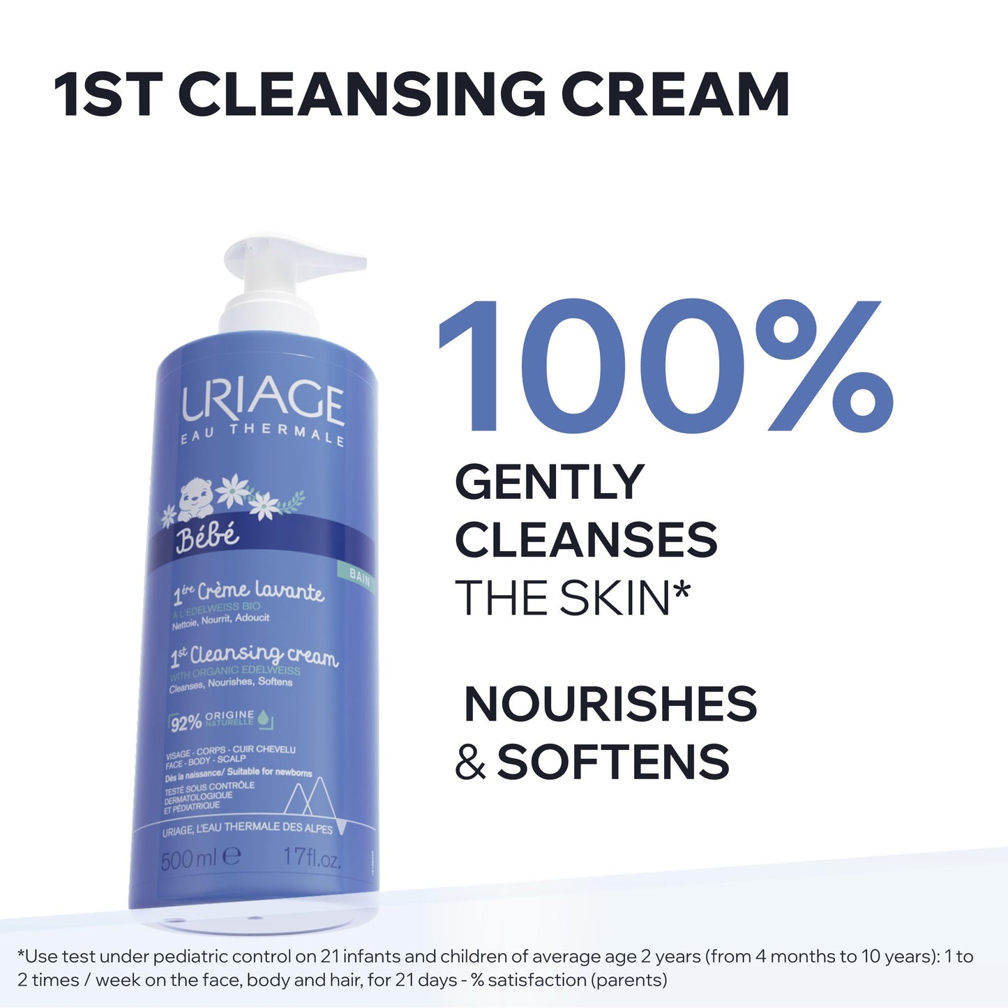 Uriage Baby Body Wash & Scalp With Organic Edelweiss & Shea Butter, Gently Cleanses & Preserves The Hydrolipidic Film, Lovely Scent, Foaming Creamy Texture, Soap-Free, Physiological Ph