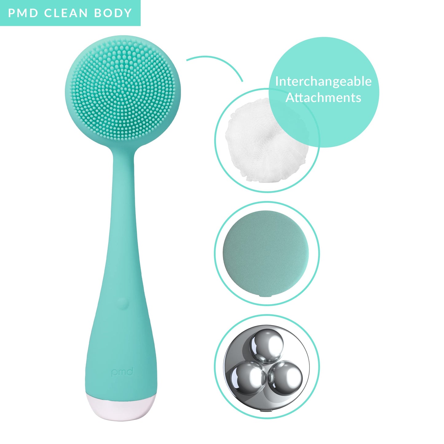 PMD Beauty Clean Body - Smart Body Cleansing Device with Silicone Brush & Three Interchangeable Attachments - Waterproof - SonicGlow Vibration - Cleanse,Exfoliate,& Massage Body