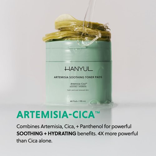 HANYUL Artemisia Soothing Toner Pads with Centella Asiatica and Hyaluronic Acid | Hydrating & Calming Pre-Makeup Facial Pads for Sensitized Skin, Dual-Layer Design, 60 Count