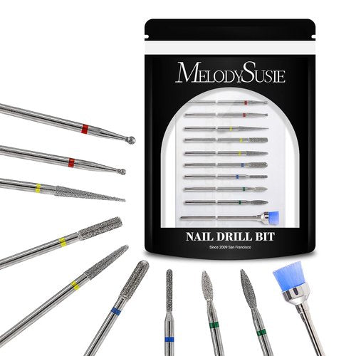 MelodySusie Nail Drill Bits Set - 10pcs Diamond Cuticle Bits for E-File | 3/32 Inch, Silver