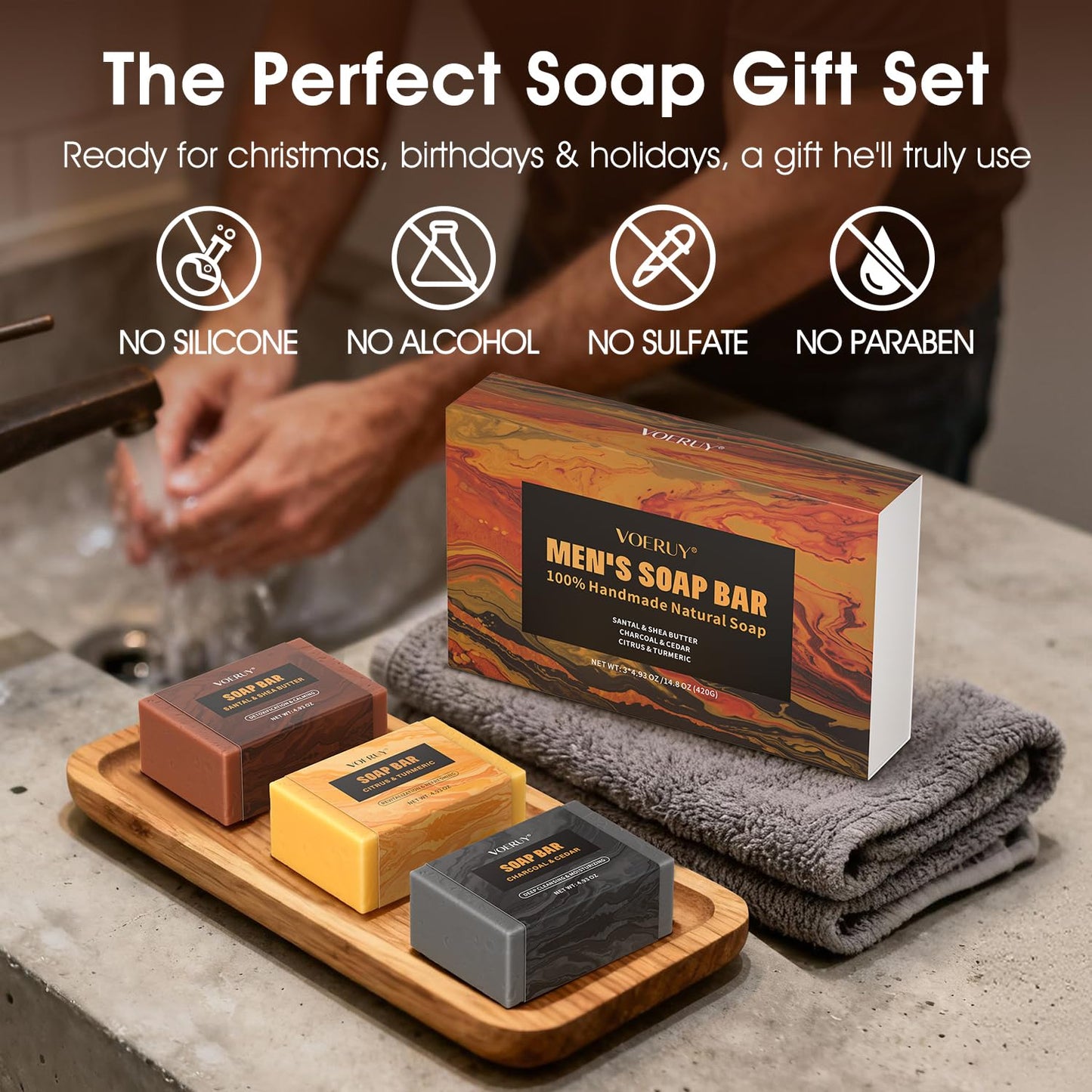 Skiennix Men's Bar Soap - Natural Handmade Deep Cleansing Soap for Face, Body & Shave | 14.8 Oz