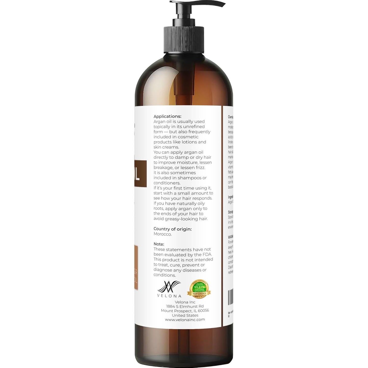 Velona Argan Oil - 100% Pure & Natural 8 Fl Oz | Unrefined Cold Pressed | Skin, Body & Face Care