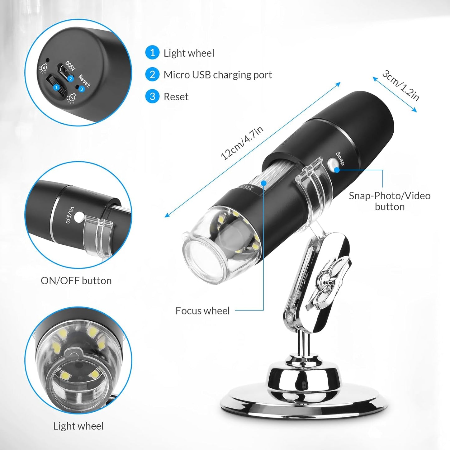 Skiennix Handheld Digital Microscope - Wireless & Portable 50x-1000x Magnification | 360° Rotating Stand for iOS/Android