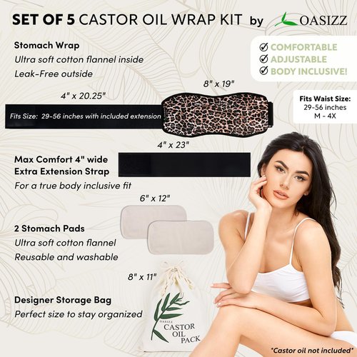 OASIZZ Premium Reusable Castor Oil Pack Wrap for Stomach (5-Piece, 29-56", Cheetah) Plush 100% Double Brushed Cotton Flannel Interior Layers, Dark Fabric Hides Stains, Leak-Resistant Adjustable Design