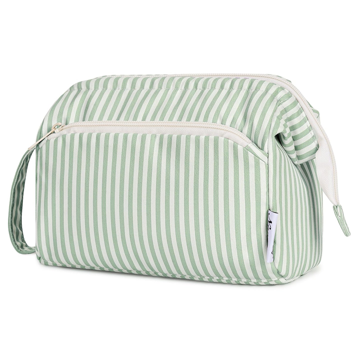 Narwey Striped Makeup Bag Women Wide-open Make up Bag Travel Cosmetic Bag Organizer Toiletry Bag for Cosmetics Toiletries Accessories (Mint Green Stripe)
