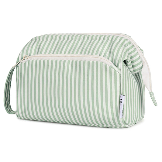 Narwey Striped Makeup Bag Women Wide-open Make up Bag Travel Cosmetic Bag Organizer Toiletry Bag for Cosmetics Toiletries Accessories (Mint Green Stripe)