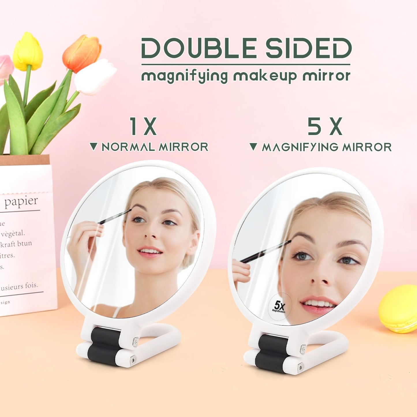 Novadex 1x 5X Magnifying Mirror, Handheld Hand Mirror with Handle, Travel Hand Held Vanity Mirror, Compact Double Sided Portable Magnification Small Make Up Mirrors for Precision Makeup (White)