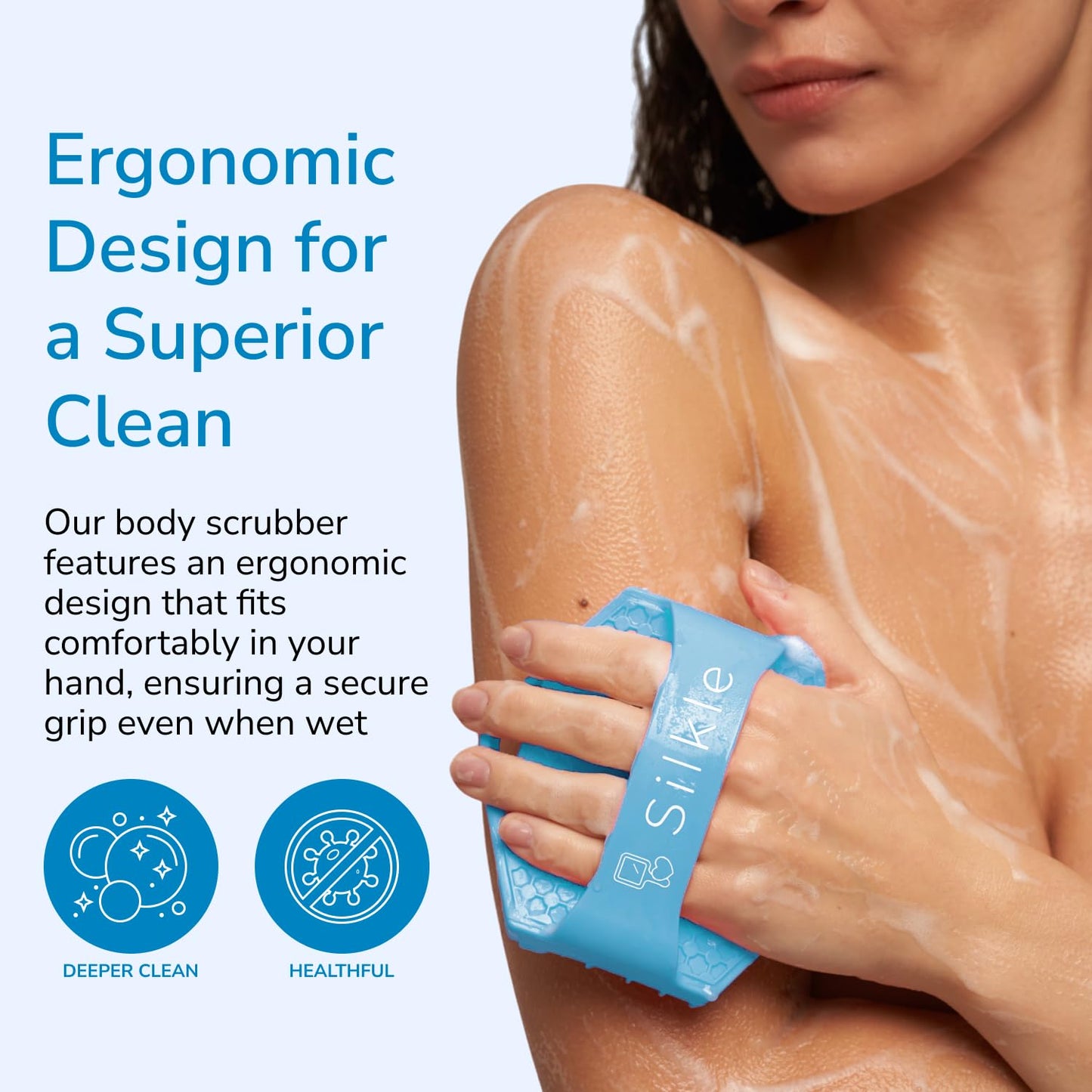 SILKLE Silicone Body Scrubber - Exfoliating Bath Brush and Skin Cleanser - Shower Sponge for Gentle Body Scrub and Wash - Silicone Scrubbing Care Tool for a Refreshed and Renewed You - Blue