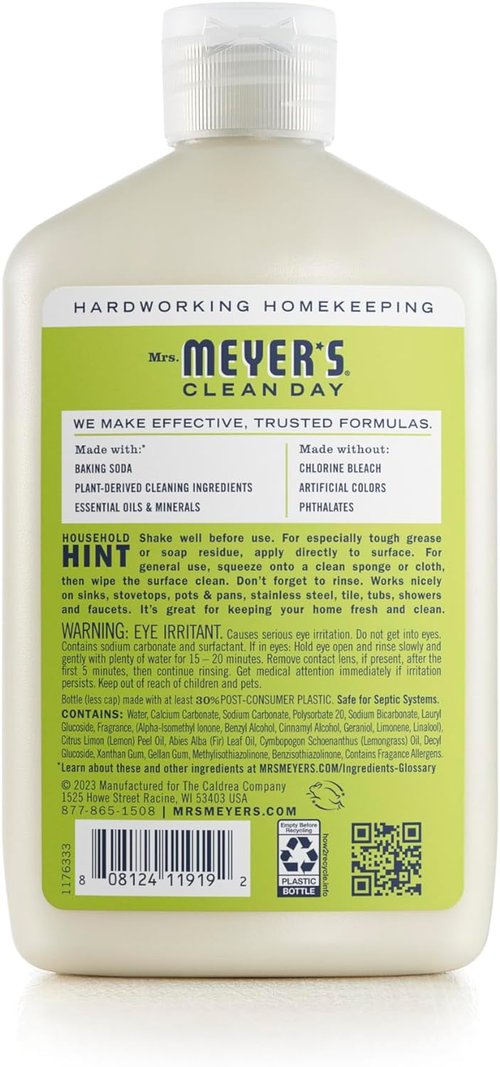 Mrs. Meyer's Clean Day Baking Soda Cream Cleaner - Scratch-Free Polish, Cuts Grease, Lemon Verbena, 16 Fl Oz