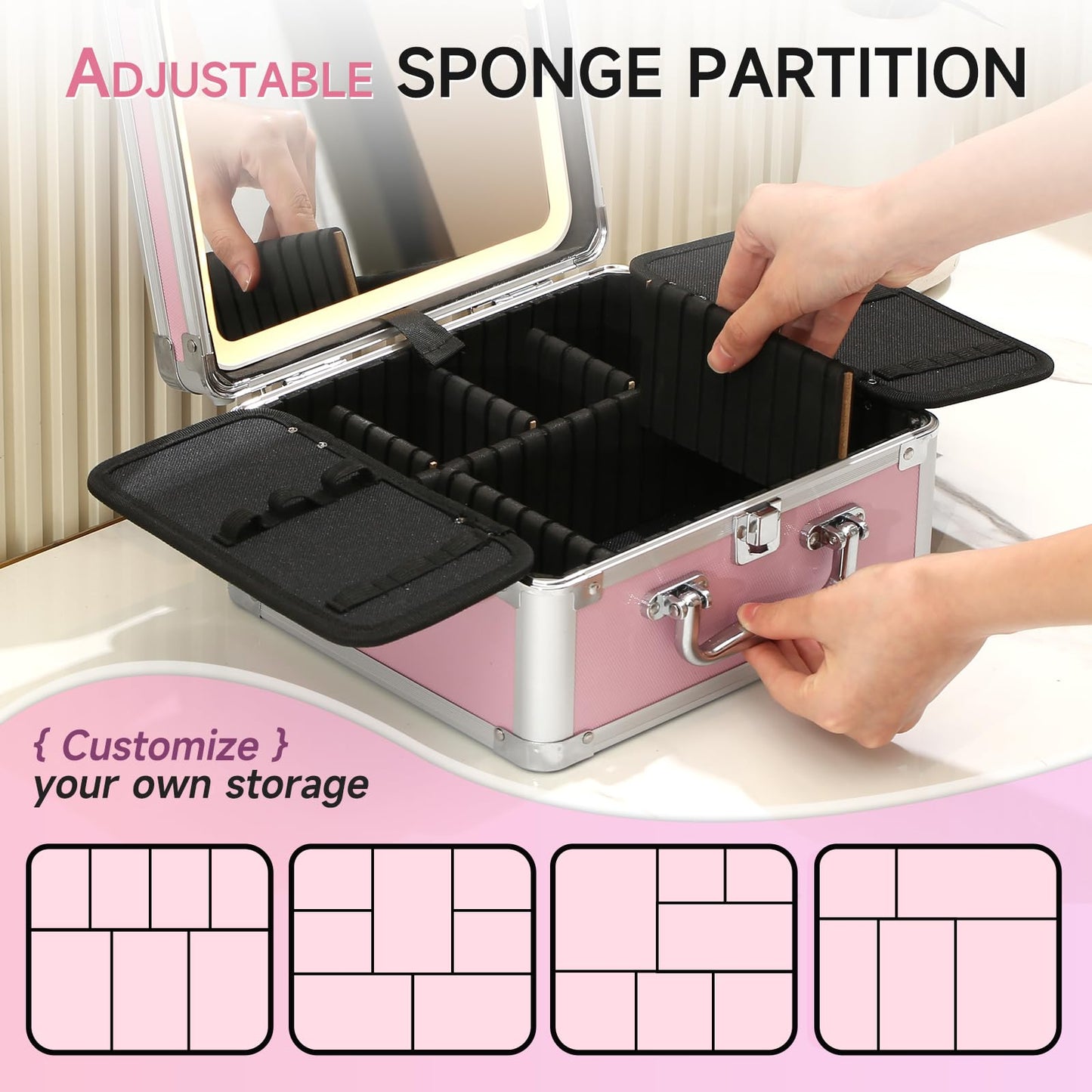 Leeora&Leekoo Makeup Box with LED Mirror & Aluminum Frame, Compact Multi-Layer Cosmetic Organizer - Portable ABS Travel Train Case for Makeup Storage(Gift for Girlfriend/Daughter) (Pink1)