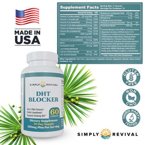 Simply Revival DHT Blocker for Men & Women – Saw Palmetto Herbal Supplement for Hair Growth – Supports Regrowth, Reduces Shedding, Strengthens Hair & Scalp – 60 Capsules