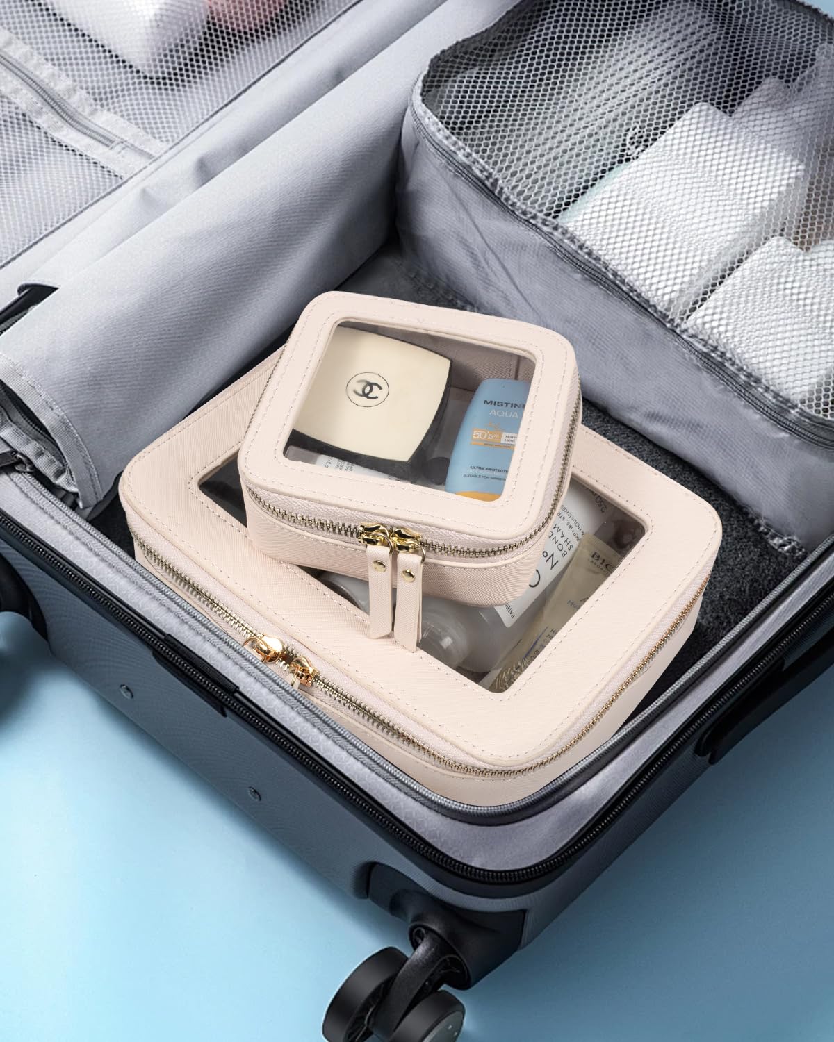 LETGO Clear Makeup Bags Set - TSA Approved Toiletry Bag with Handle Large Opening, Clear Toiletry Bags Case Pouch for Traveling Travel Car Orangizer Storage Essentials(Mini+Large Beige)