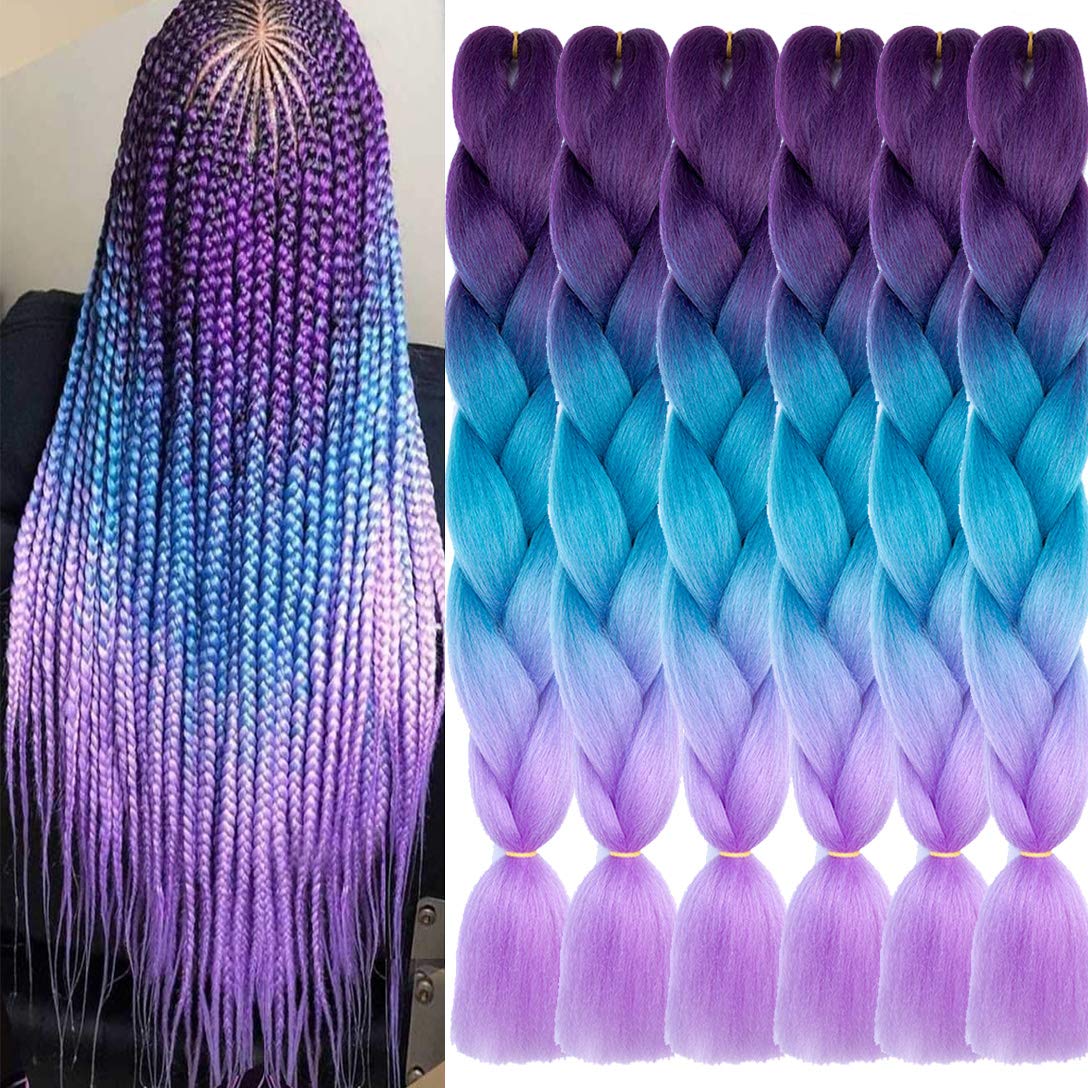 Xiaofeng Braiding Hair Extensions for Women 6 Packs 100g/Pack 24Inch High Temperature Ombre Jumbo Synthetic Braiding Hair for Twist Crochet Braids (24 Inch, purple-lake blue-light purple)