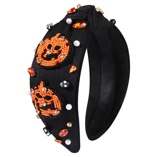 boderier Halloween Headband Beaded Spooky Pumpkin Knotted Headband Pearl Crystal Embellished Wide Headband Hair Accessories Black Pumpkin