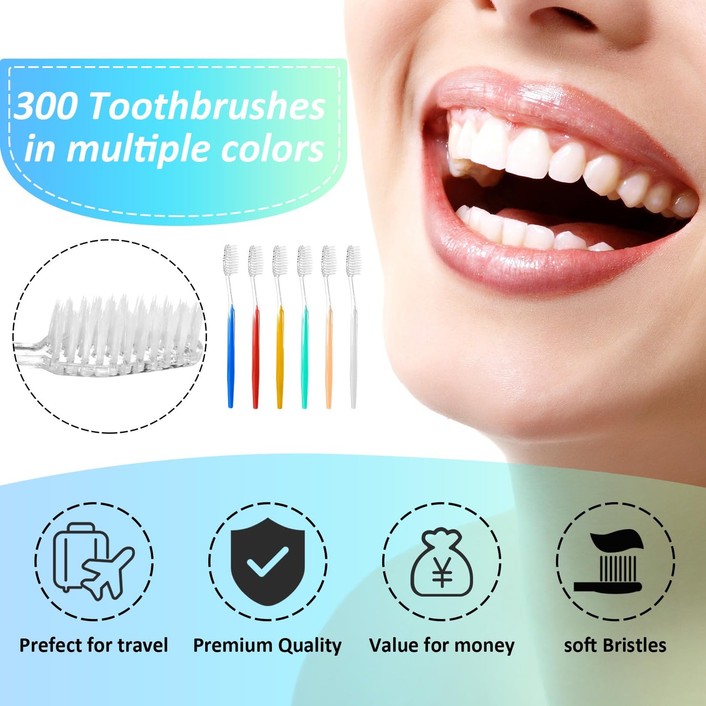 Honeydak 300 Pieces Disposable Toothbrushes Individually Wrapped Toothbrushes Medium Soft Tooth Brush Manual Travel Toothbrush Set for Adults Travel Toiletries, 6 Colors