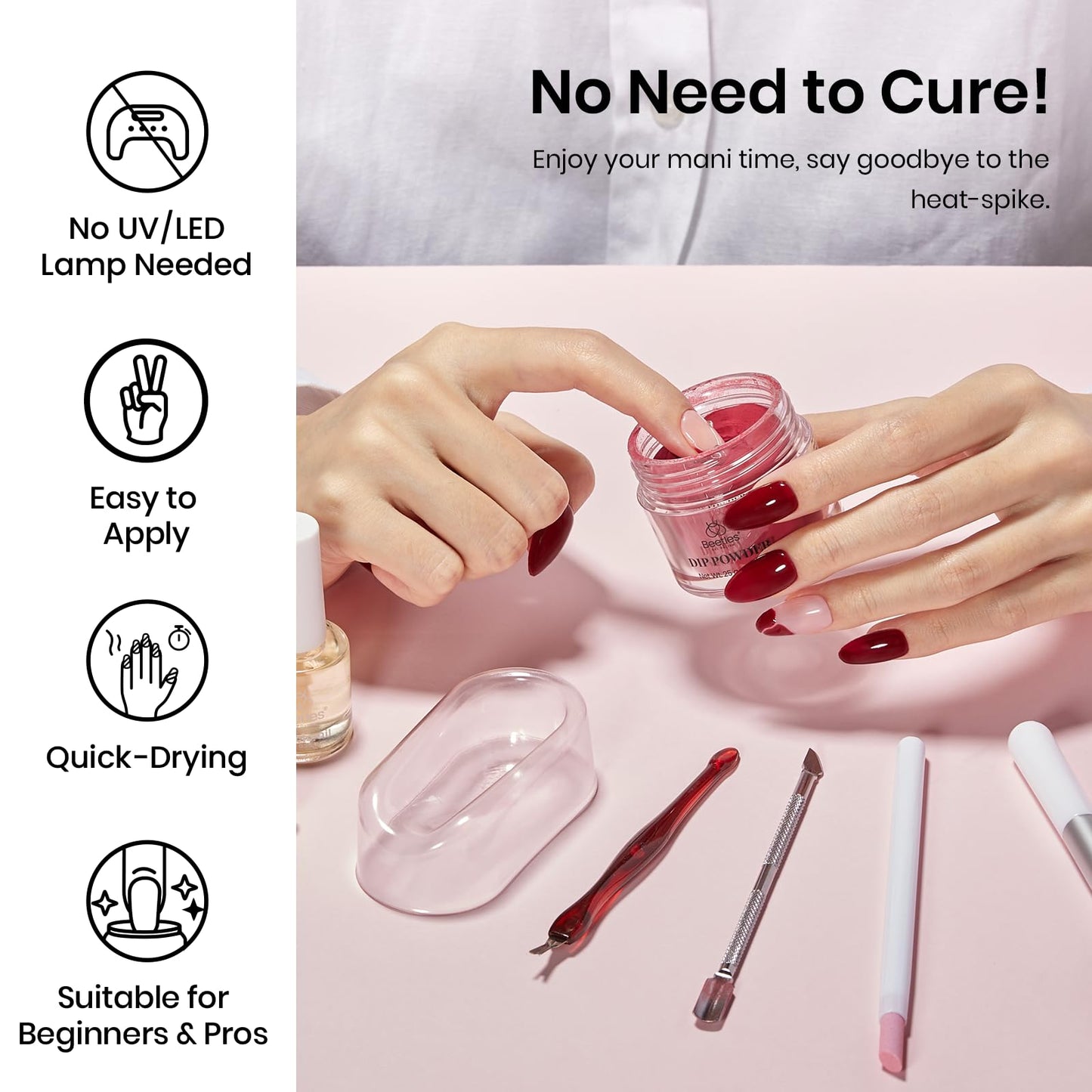 Beetles Dip Powder Burgundy Red Color, 25g Dark Reddish Red Dipping Powder for French Nail Art, Starter Manicure DIY Home Salon Long Lasting Design, No Lamp Needed