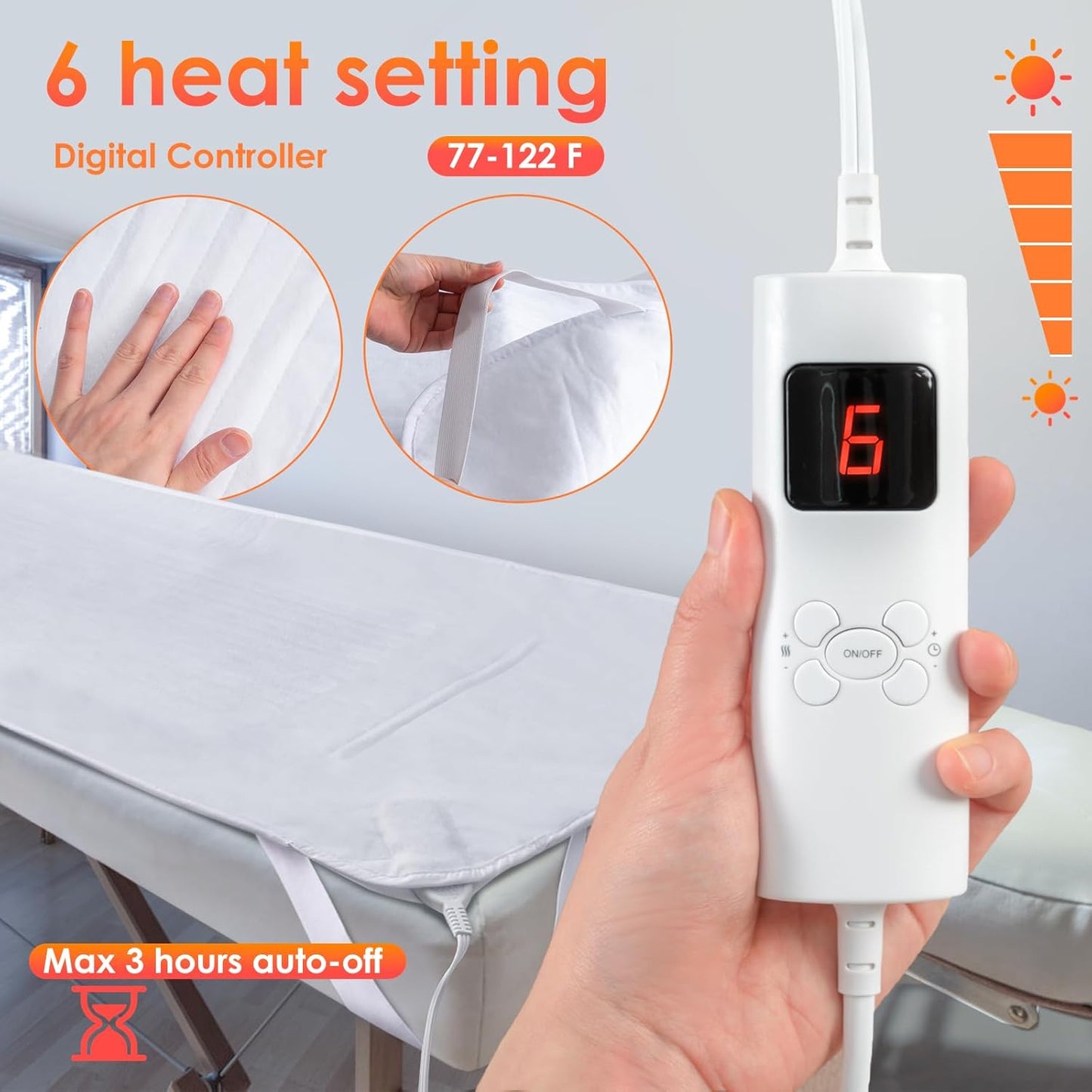 Skiennix Electric Heating Pad - Six Heat Settings & Digital Control | 72.8" x 30" Massage Table Warmer with Overheat Protection - White