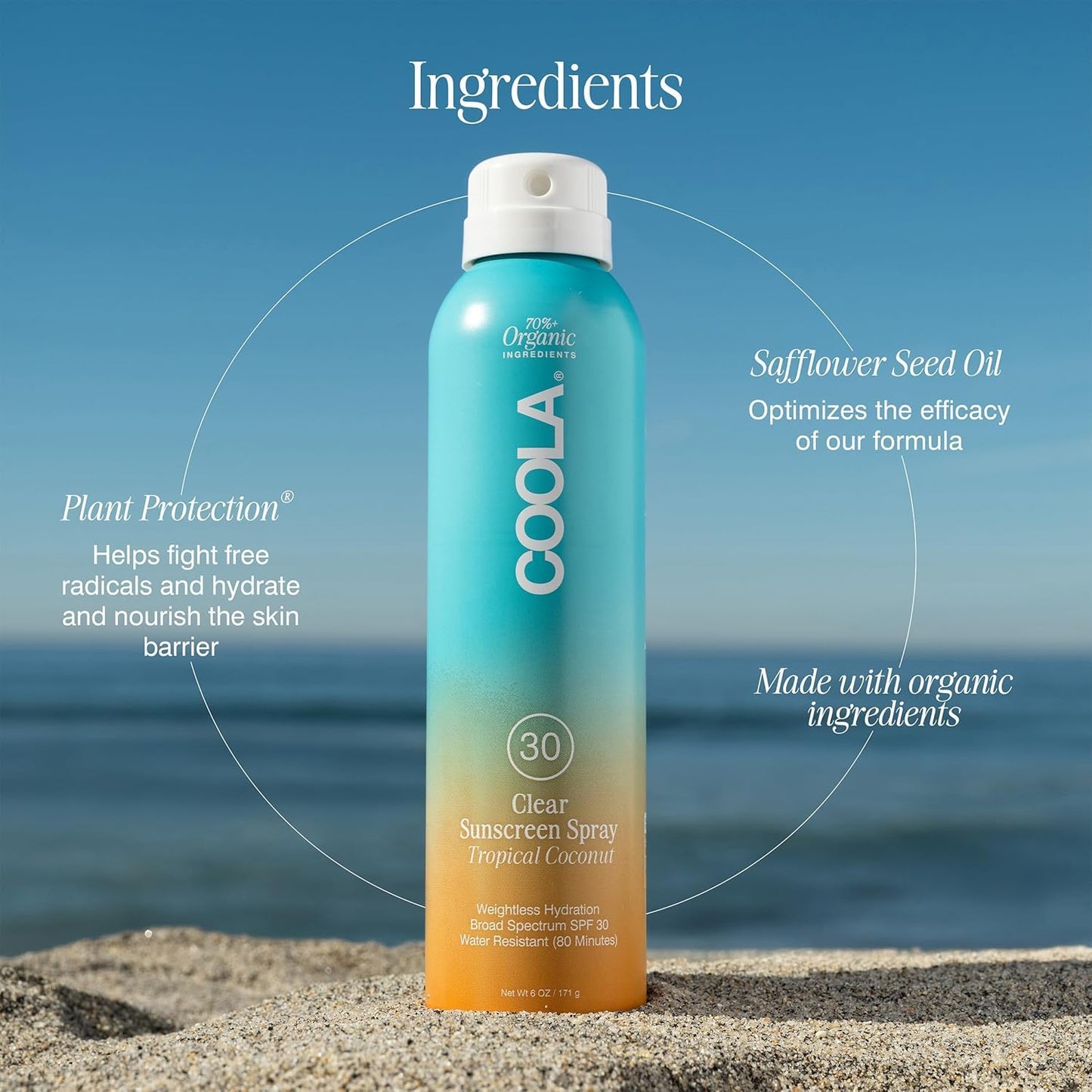 COOLA Organic Sunscreen SPF 30 - Vegan Tropical Coconut Sunblock Spray for Daily Skin Protection