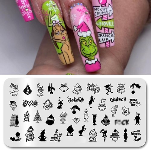Christmas Nail Stamping Plate Cute Monster Nail Art Stamp Plates Winter Holiday Nail Stamping Plate Xmas Tree Candy Nail Art Stamping Template for Women Girls DIY Salon 1 Pcs