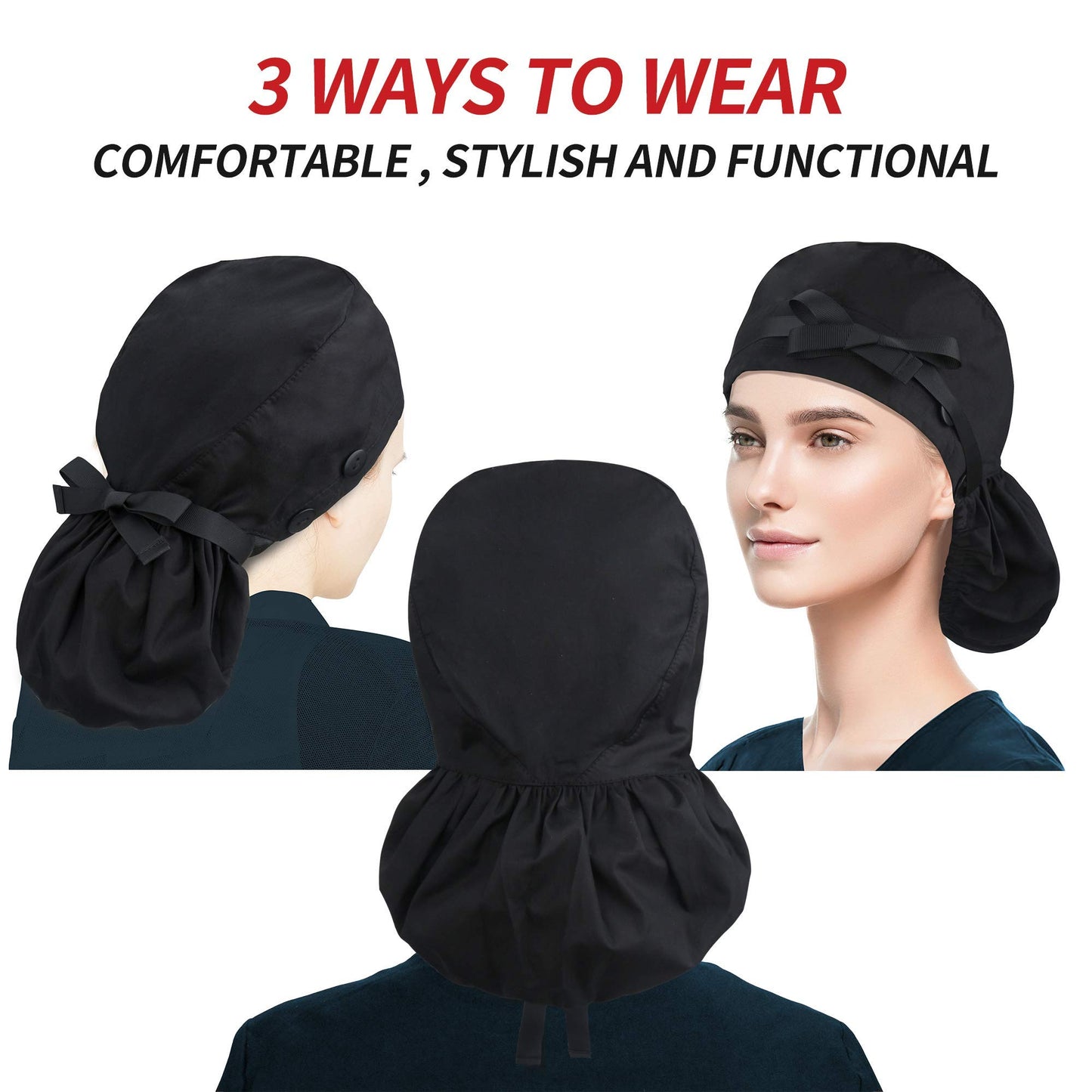 ABAMERICA Ponytail Scrub Caps for Women Surgical Caps Nurse Hat with Functional Ponytail Holder for Long Hair Satin-Lined