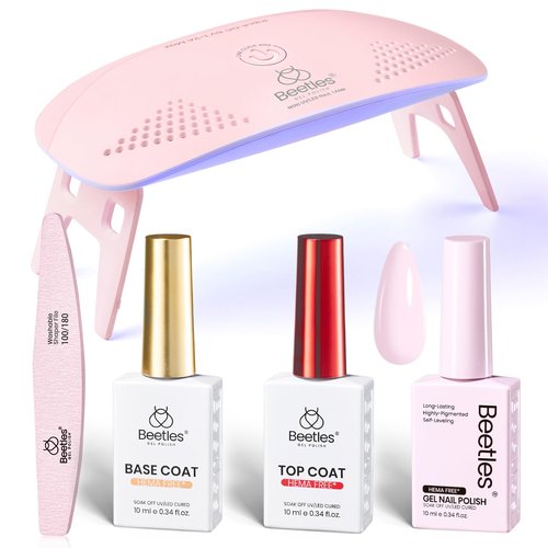 Beetles 10ML HEMA-Free Pink Gel Nail Polish Kit with U V Light, 5 Pcs Light Pink Gel Polish Set DIY Home Salon Portable Manicure Kit with Base &Top Nail File Coat Soak Off Gifts for Women Girls Teens