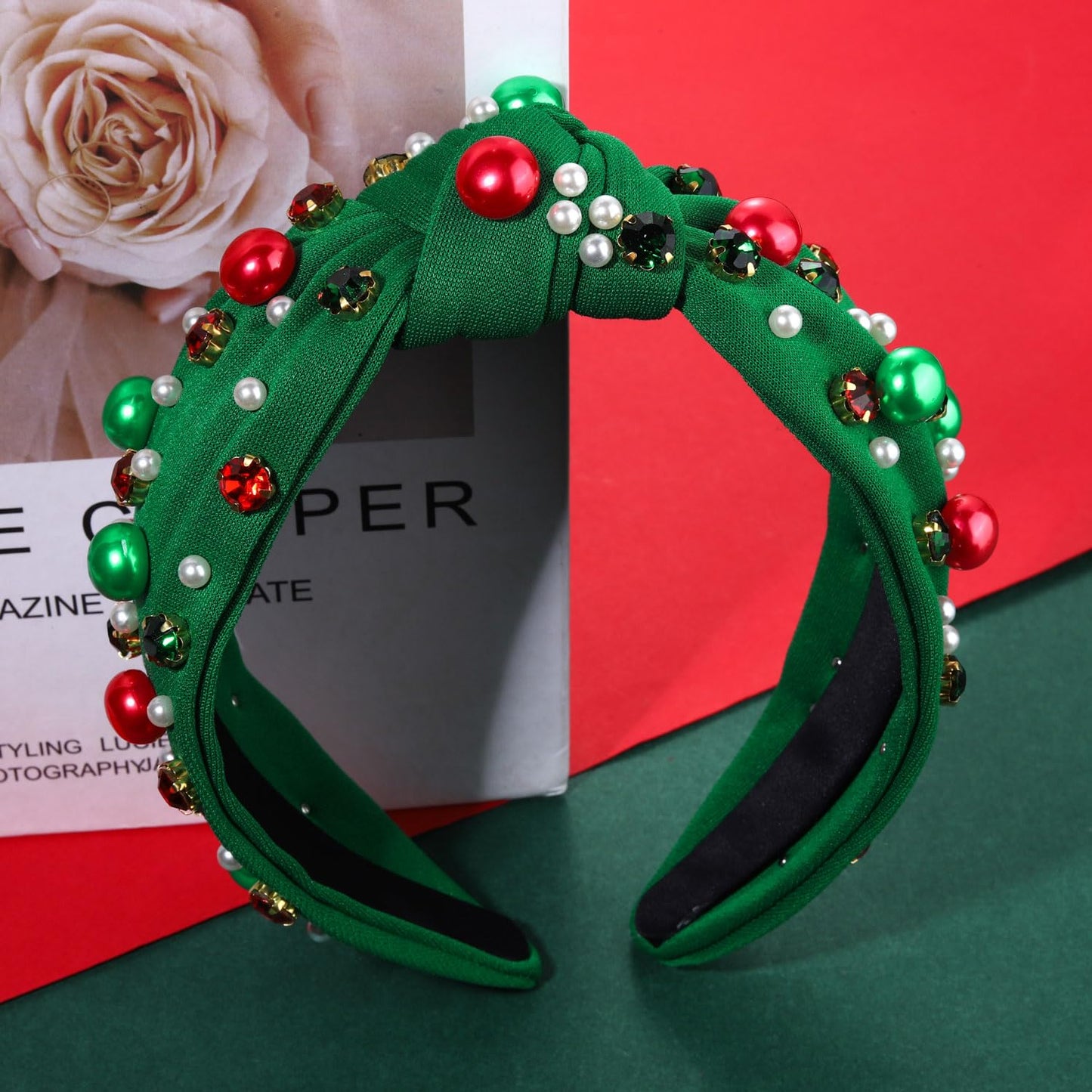 GLBCC Christmas Pearl Knotted Headband for Women, Red Green Pearl Rhinestone Crystal Jeweled Hairband Fashion Elegant Ladies Wide Knot Head Band Headpieces Hair Accessories