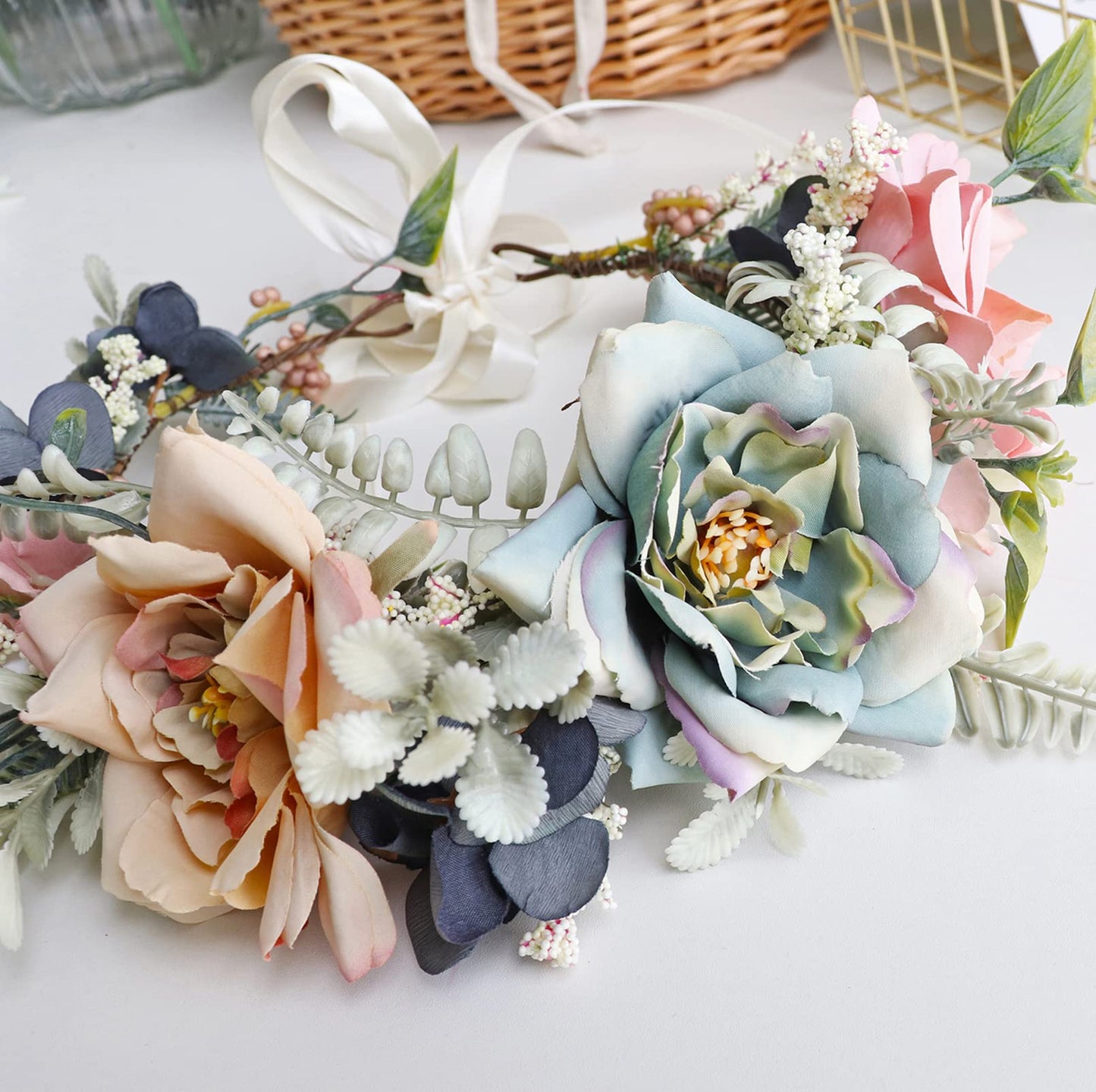 LLinfflr Women Floral Crown Wedding Floral Headband Hair Wreath Flower Headpiece Halo Boho Party Prom Photos