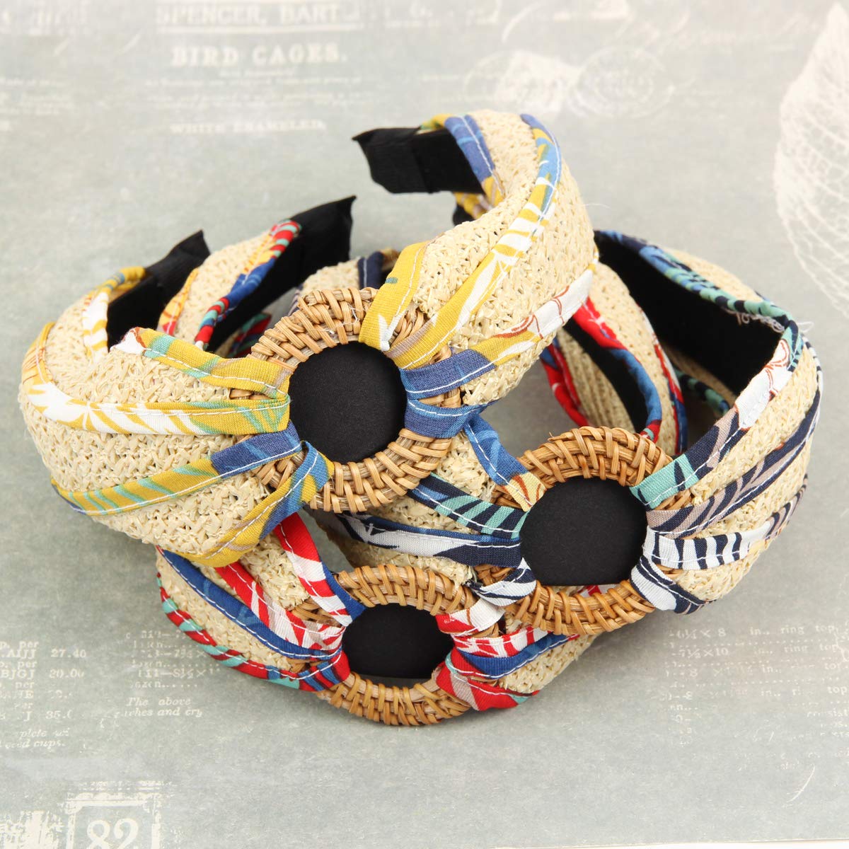 Fashion Headband Women's Hair Accessories - Acrylic Chain, Bohemian Rattan Straw, Girls Hairband (Top Ring - Raffia & Fabric Blue)