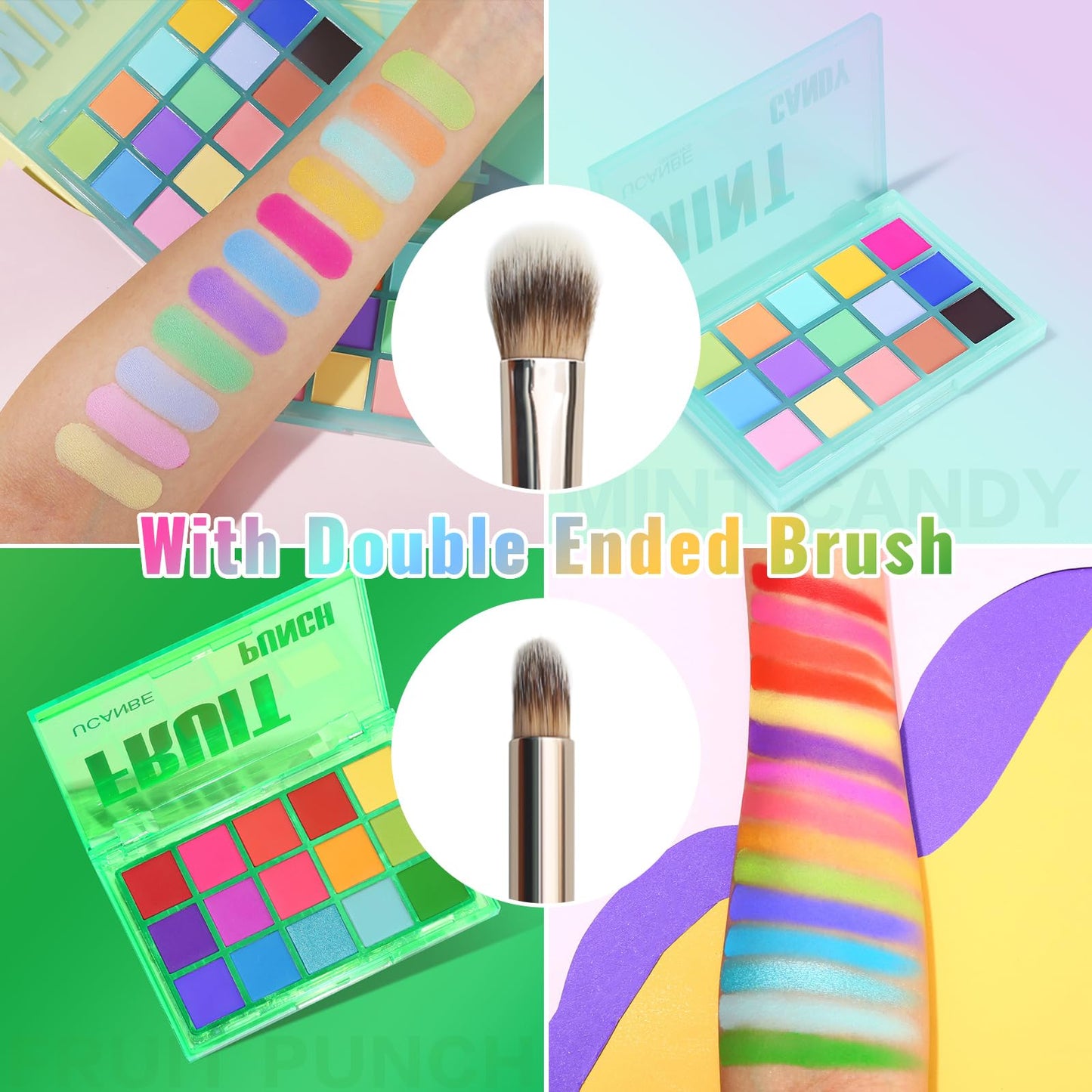 UCANBE Colorful Eyeshadow Palette Makeup Set, 2pcs 15 Shades Matte Shimmer Vibrant Neon Rainbow Pastel Eye Shadow Pallet with Soft Double Ended Brush, Summer Vibe Pigmented Blendable Eye Make Up Kit