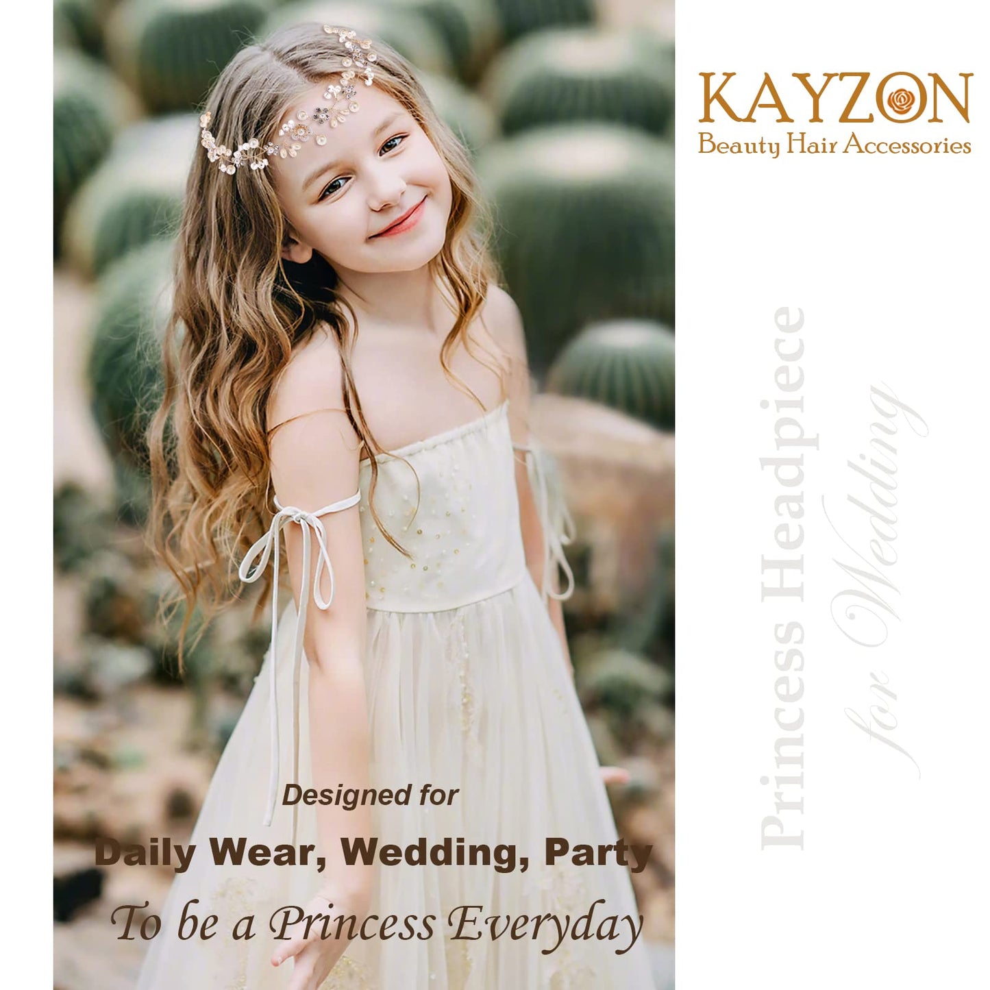 KAYZON Wedding Hair Accessories for Kids, Flower Girl Hair Accessory, Princess Headpiece White Flower Headband Pearl for Girl and Flower Girls Bridal Wedding Hair Band, Women Headbands (Gold)