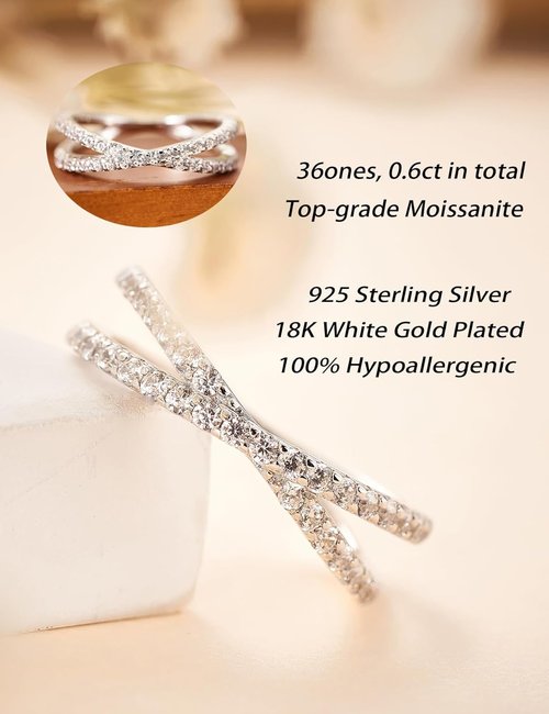 IMOLOVE Moissanite Eternity Ring - Criss Cross Wedding Band for Women | Sterling Silver, Sizes 4-11