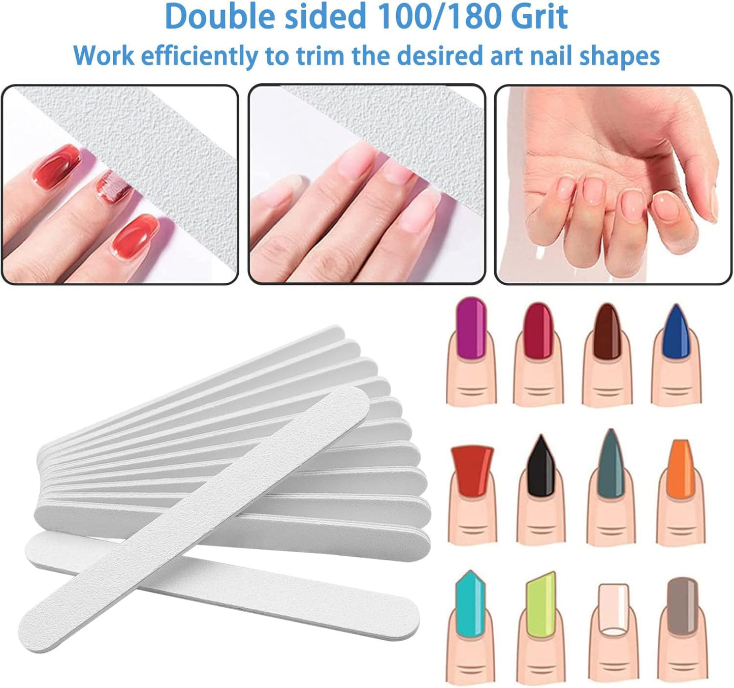 Skiennix White Nail Files - Professional 100/180 Grit Double-Sided Emery Boards | 12 Pack for Manicure & Pedicure